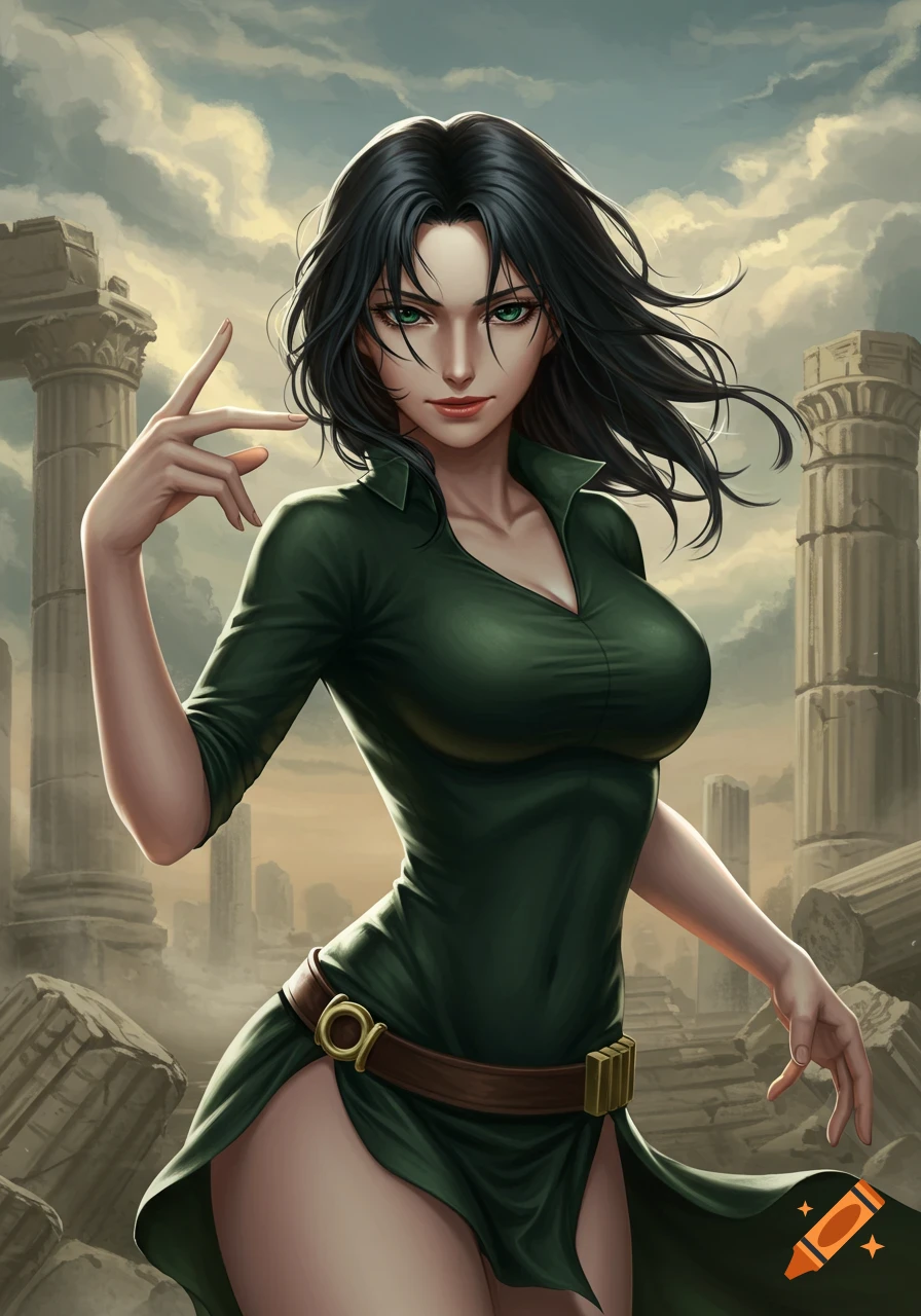 A stylized drawing of a woman with dark hair and green eyes in a green dress, standing amidst ancient ruins.
