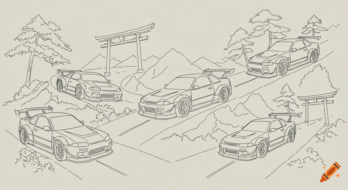 Line art of five tuner cars on a winding mountain road with pine trees and torii gates.