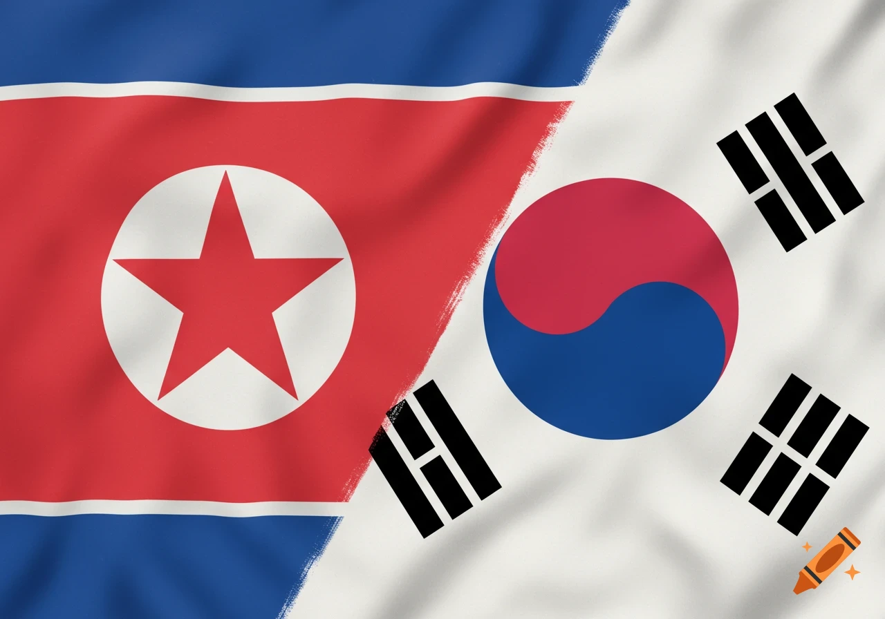 The North Korean flag and South Korean flag are diagonally split on a fabric background.