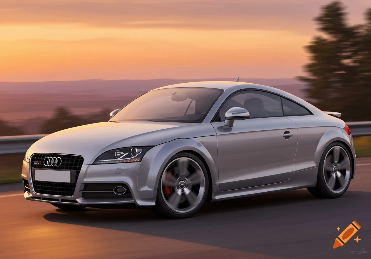 A silver Audi TT drives on a road with a sunset sky in the background.