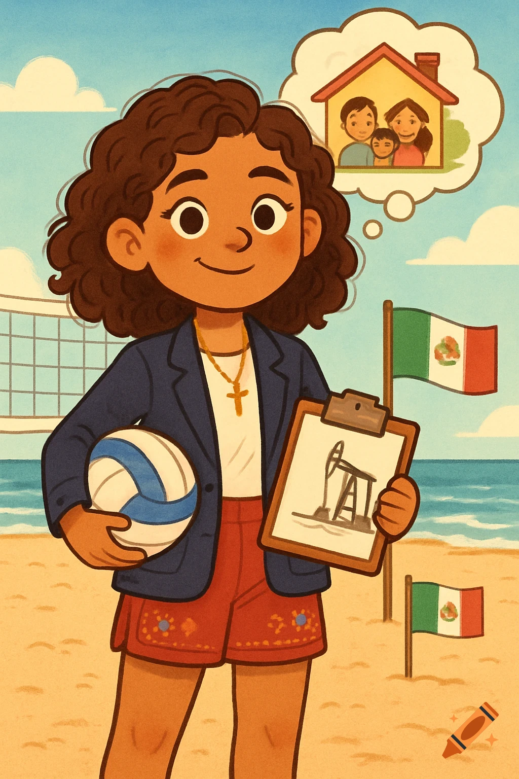 Cartoon illustration of a Hispanic girl on a beach holding a volleyball and a clipboard with an oil rig sketch, dreaming of a family, with Mexican flags.