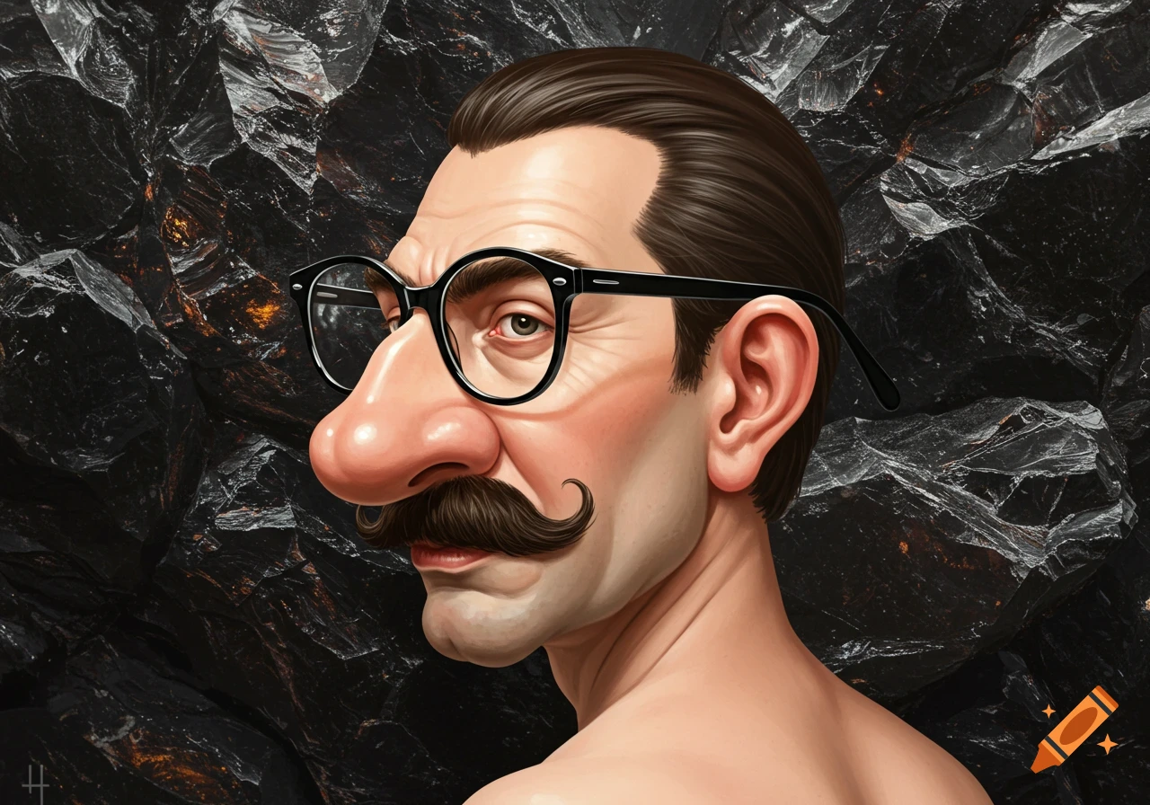 Surreal digital painting of a stylized man in profile with a large nose, mustache, and oversized glasses against a jagged rock background.