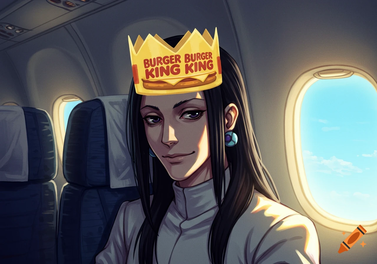 An anime character with long black hair wearing a Burger King crown sits in an airplane seat, looking at the viewer.