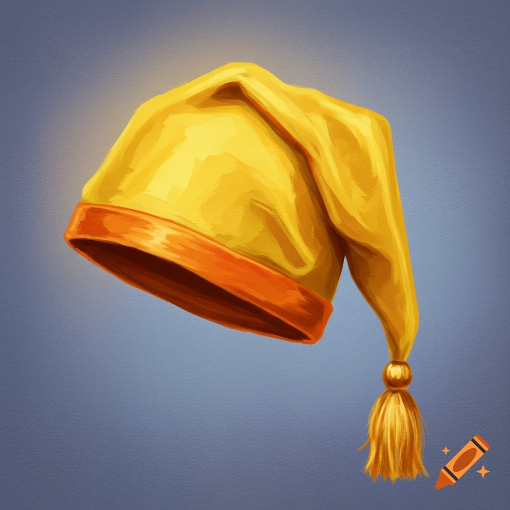 A yellow nightcap with an orange brim and a golden tassel, set against a plain blue background.