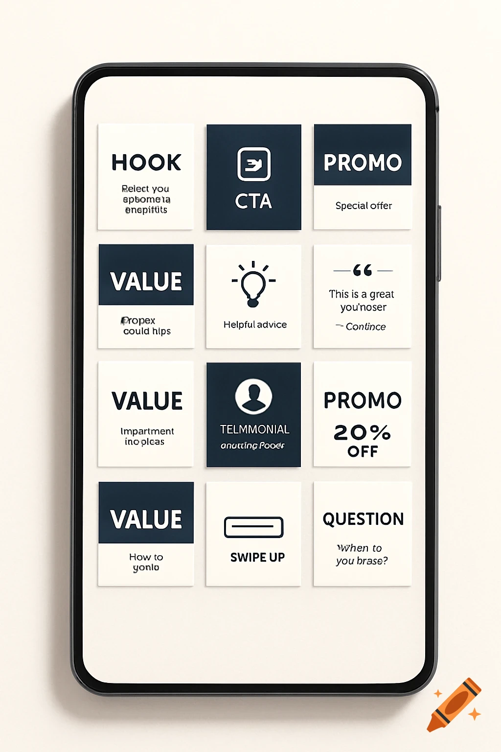 A smartphone screen displaying a 3x4 grid of 12 social media post mockups with labels like Hook, CTA, Promo, and Value.