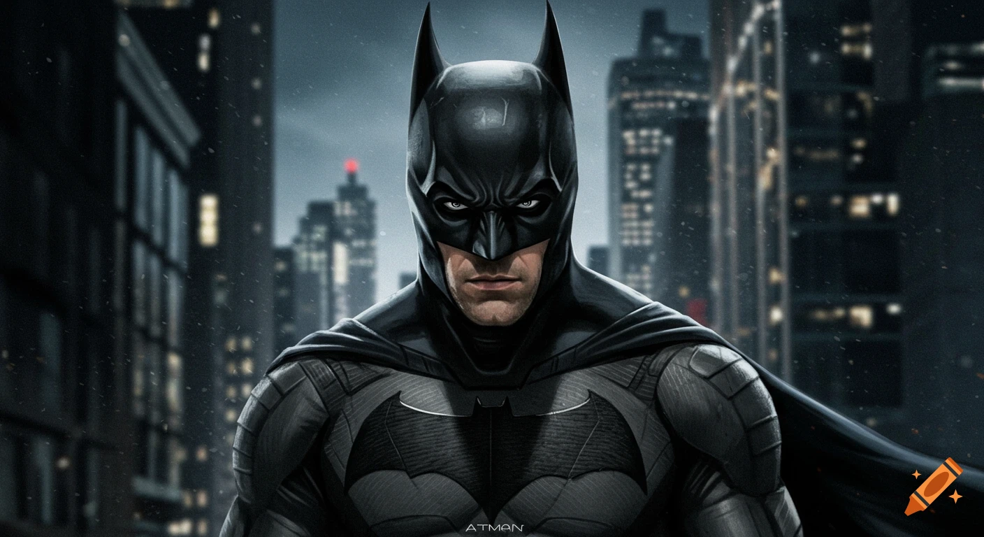 Close-up portrait of Batman in a dark suit with a cape, standing against a blurred cityscape background at night in the rain. Photorealistic style.