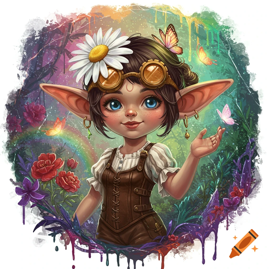 An adorable, big-eyed steampunk goblin girl with a daisy in her hair and goggles, surrounded by colorful dripping paint, flowers, butterflies, and a rainbow in an enchanted forest.