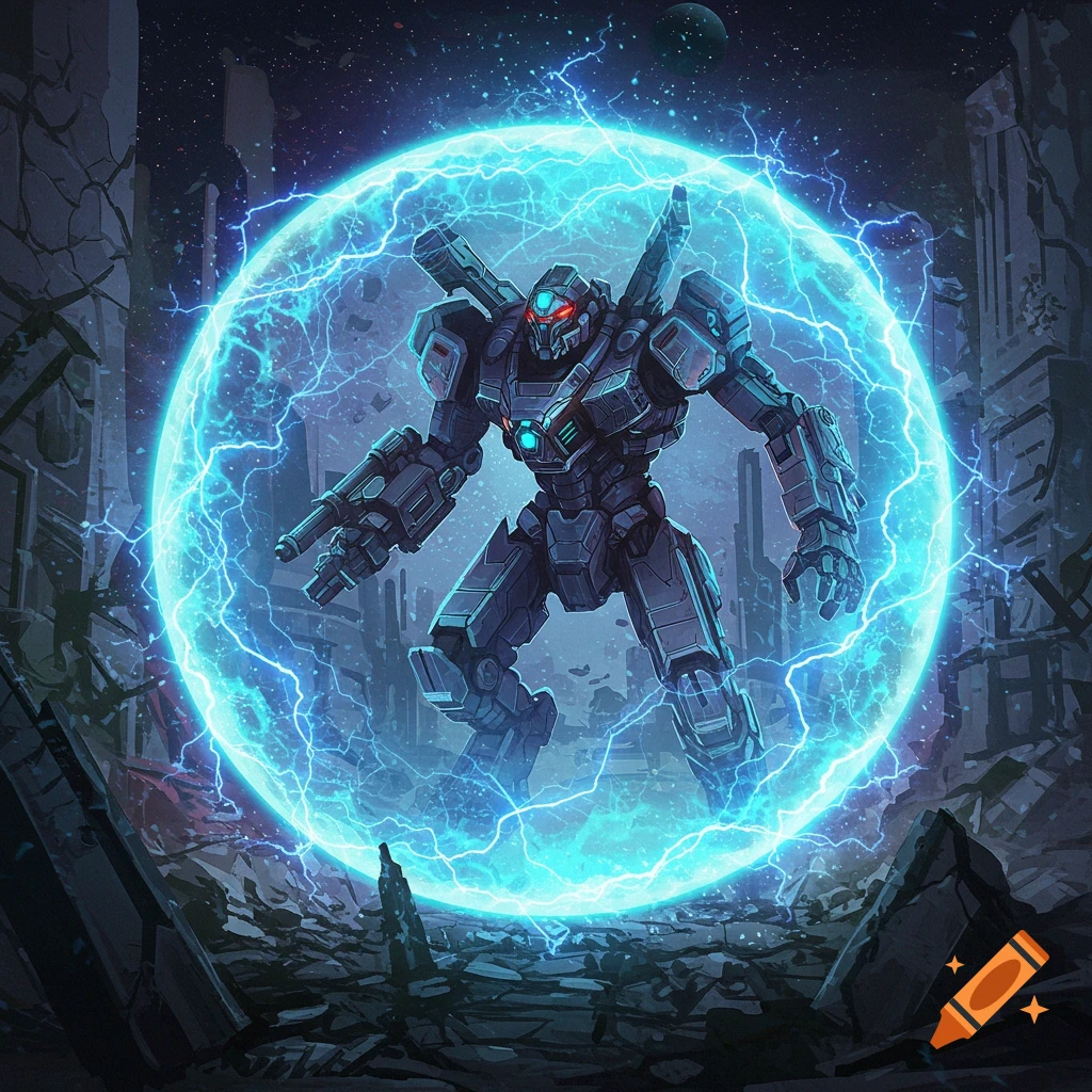 A giant mech fighting robot with glowing red eyes is encased in a bright blue electrical energy barrier in a destroyed city. Digital illustration.
