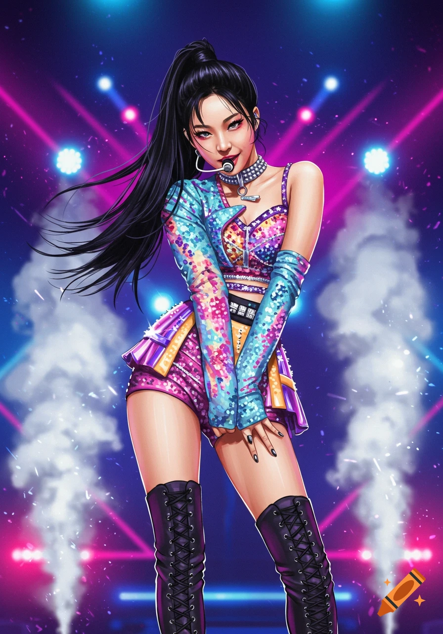 A vibrant digital illustration of a K-pop star with long black hair, wearing a colorful, sequined outfit, on a stage with bright lights and smoke.