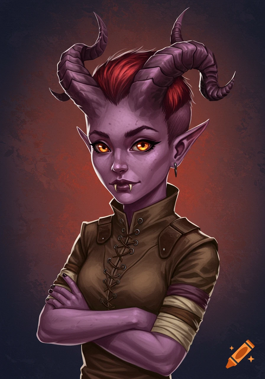 A bust portrait of a purple-skinned Tiefling female with large curled horns, orange eyes, and short red hair, wearing a brown leather tunic.