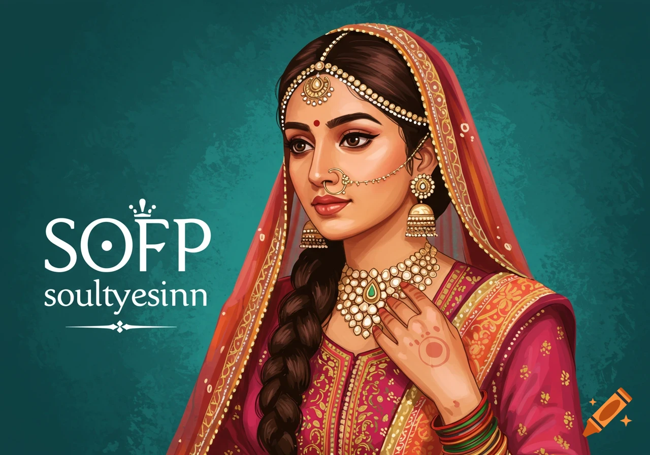Illustration of a woman in traditional Indian attire with intricate ...