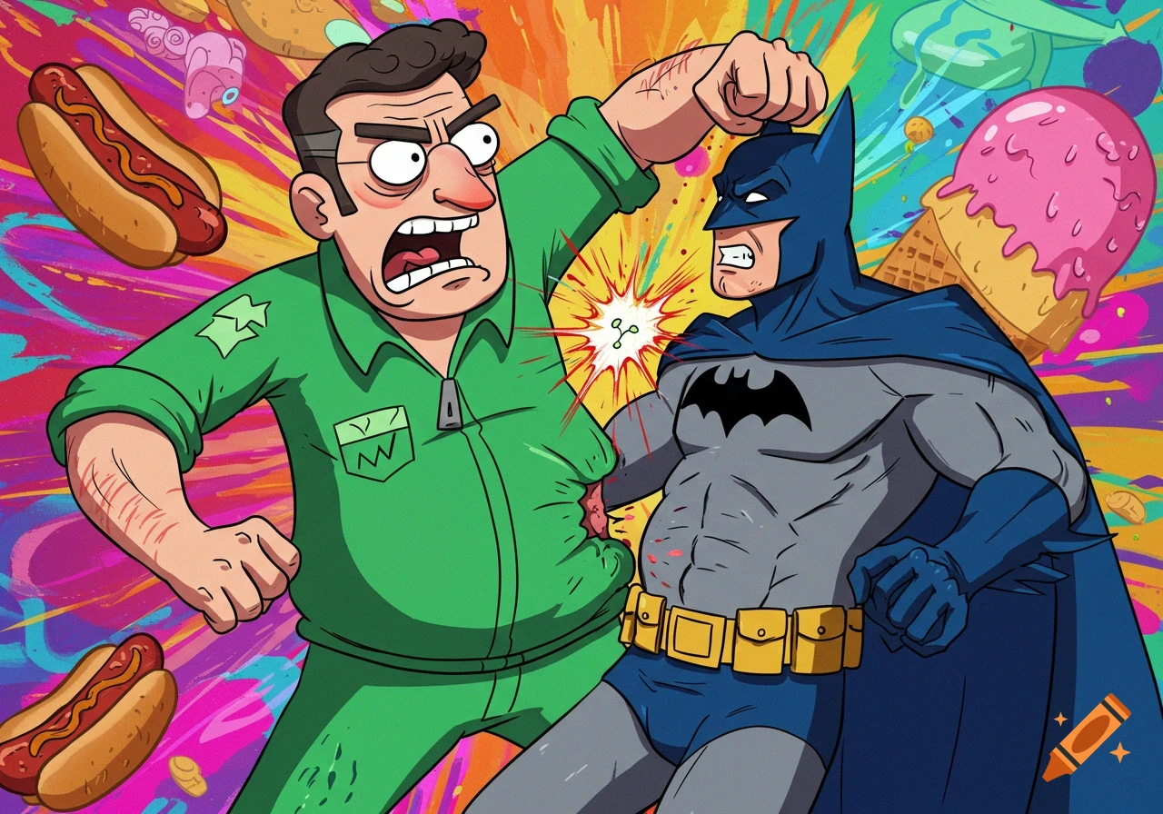 A stylized cartoon image of Carl from Aqua Teen Hunger Force punching Batman in the stomach, with colorful splatters, hot dogs, and an ice cream cone in the background.