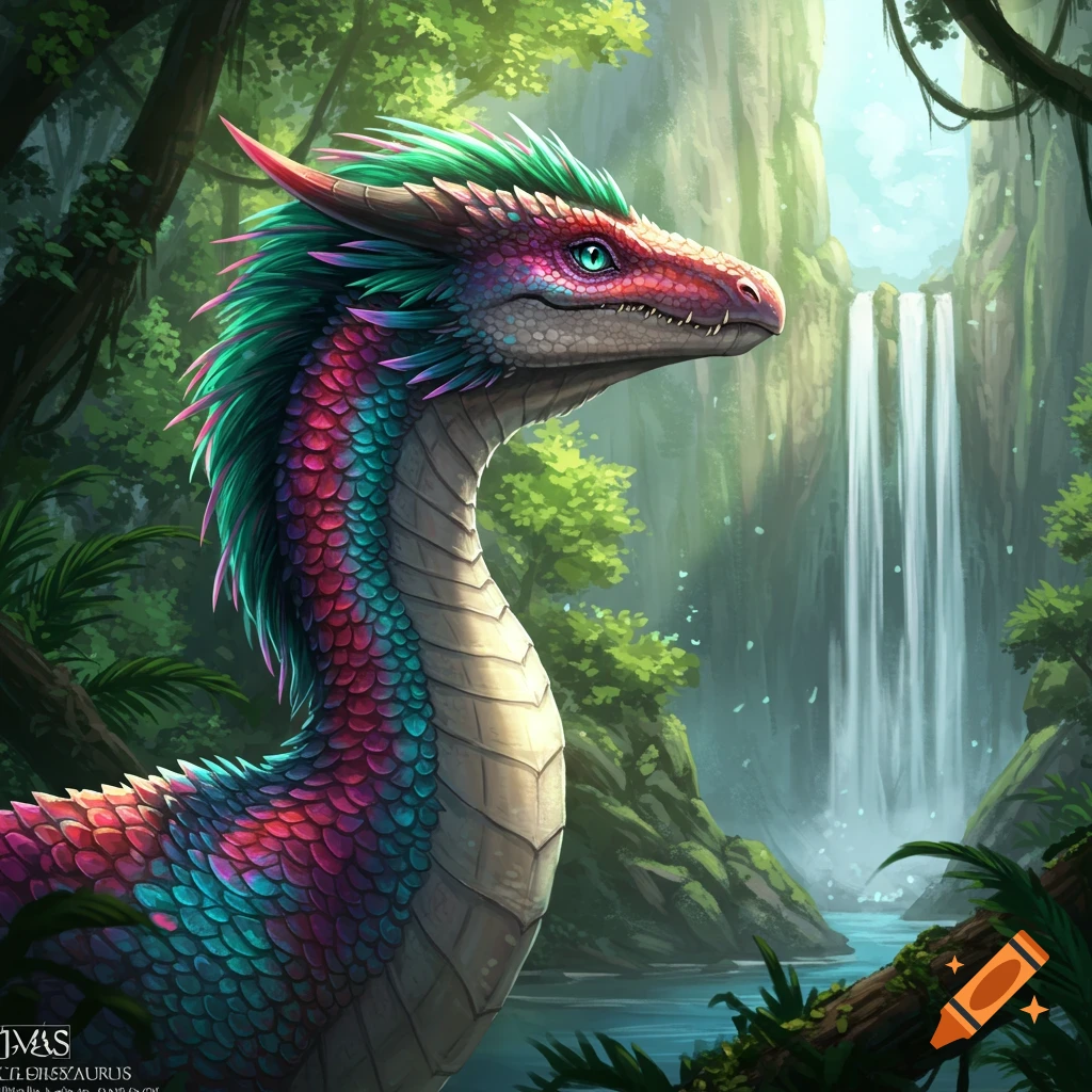 A vibrant, colorful dragon with pink, green, and blue scales in a lush jungle with a waterfall.