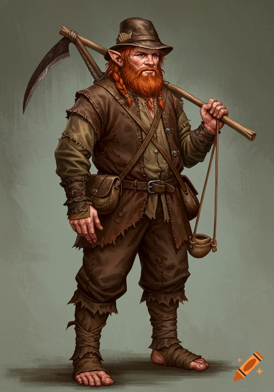 A realistic portrait of a red-haired, bearded hobbit-like character in tattered clothes and a hat, carrying a sickle and a sling.