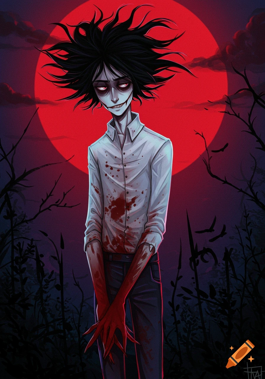 Stylized illustration of a pale, gaunt character with wild black hair, red eyes, and a wide grin, covered in blood, against a red moon.