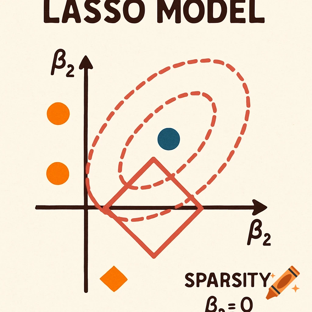 An illustration of the LASSO model showing a 2D graph with ellipses, a red diamond, and text labels.