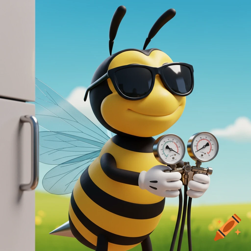 A smiling cartoon bee wearing sunglasses holds refrigeration gauges in a sunny outdoor setting.
