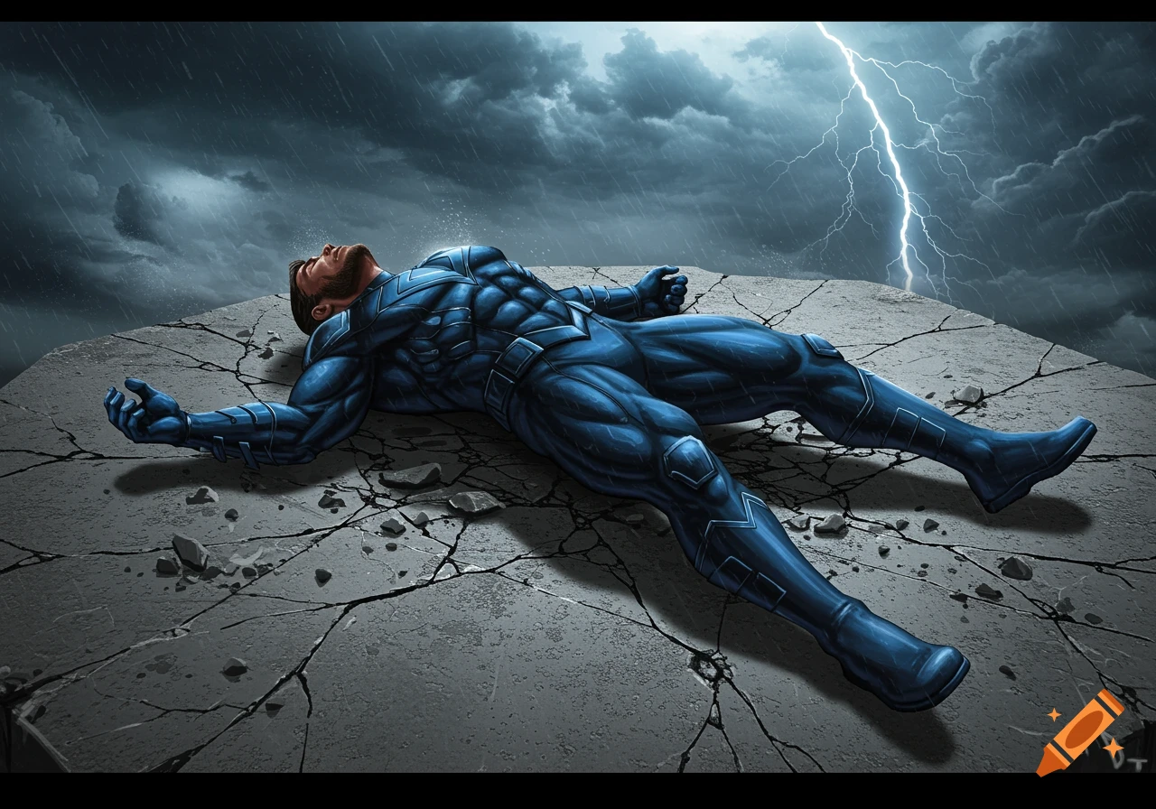 A superhero in a blue suit lies unconscious on cracked ground under a stormy, lightning-filled sky in a comic book style.