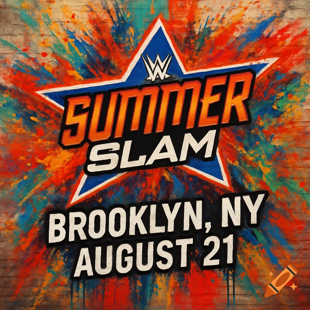 Colorful WWE SummerSlam event poster on a graffiti wall, featuring "SummerSlam Brooklyn, NY August 21" text and a star logo.