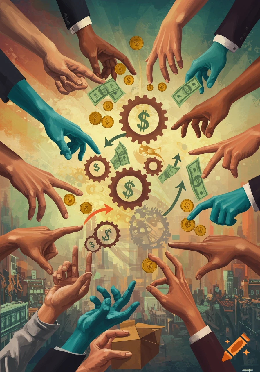 An illustrative image of many diverse hands interacting with floating money, gears, and arrows, set against a city skyline.