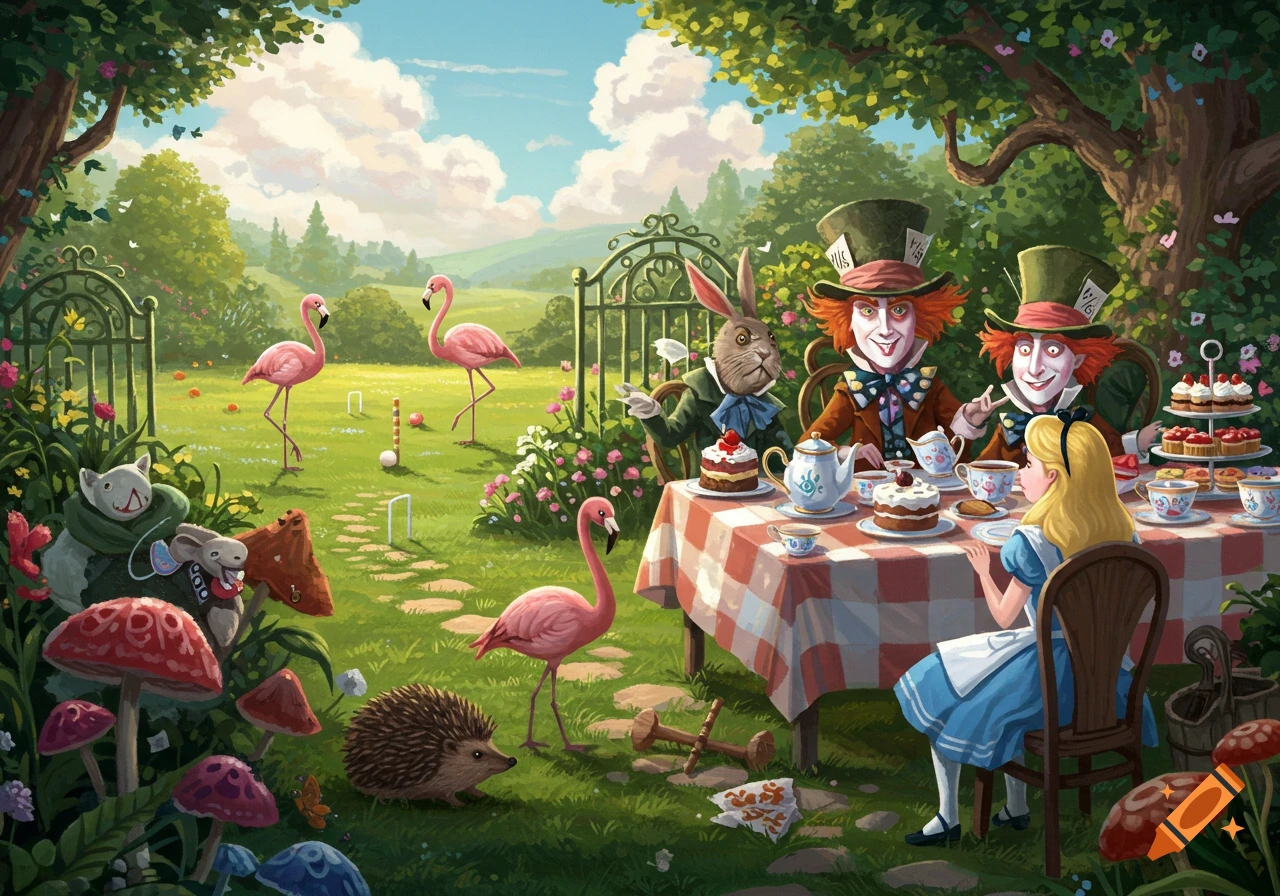 Alice, Mad Hatters, and March Hare have a tea party in a whimsical garden with flamingos playing croquet, in a vibrant storybook style.