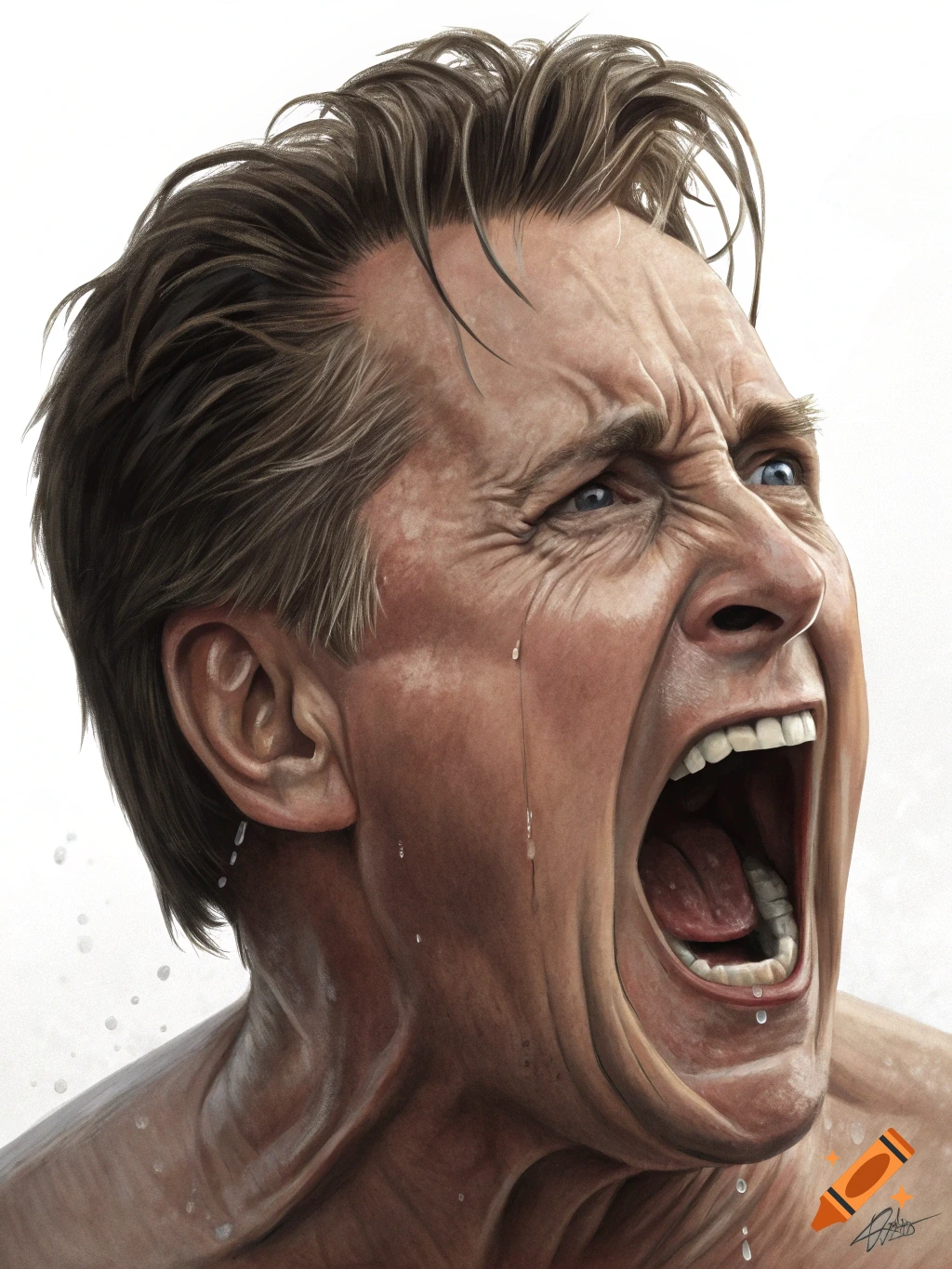 Close-up digital painting of a man screaming in rage with tears and sweat on his face.
