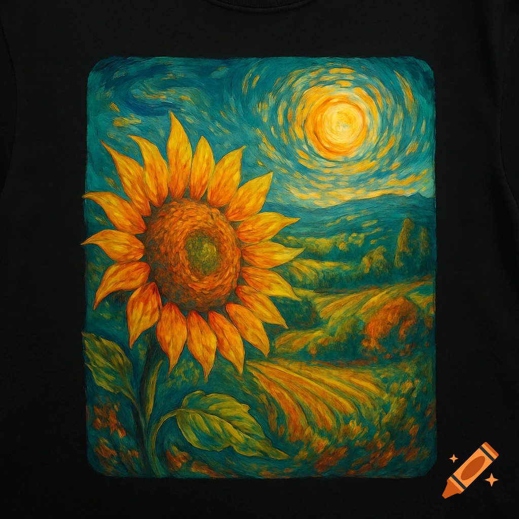 A vibrant painting of a sunflower in a field under a swirling sun, in the style of Van Gogh.