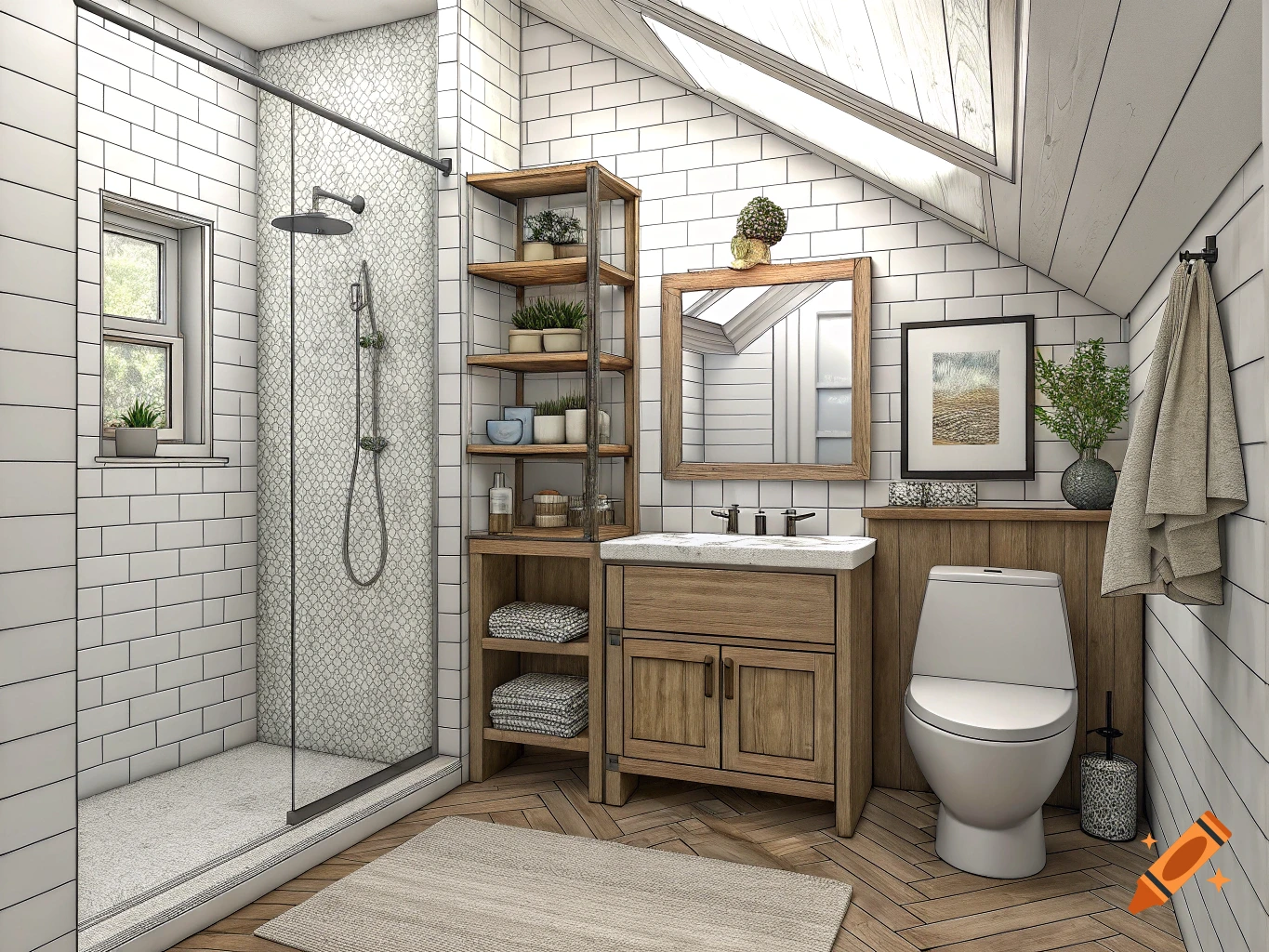 A rustic farmhouse-style bathroom featuring white subway tiles, a wooden vanity, a walk-in shower, toilet, and wood plank flooring with a skylight.