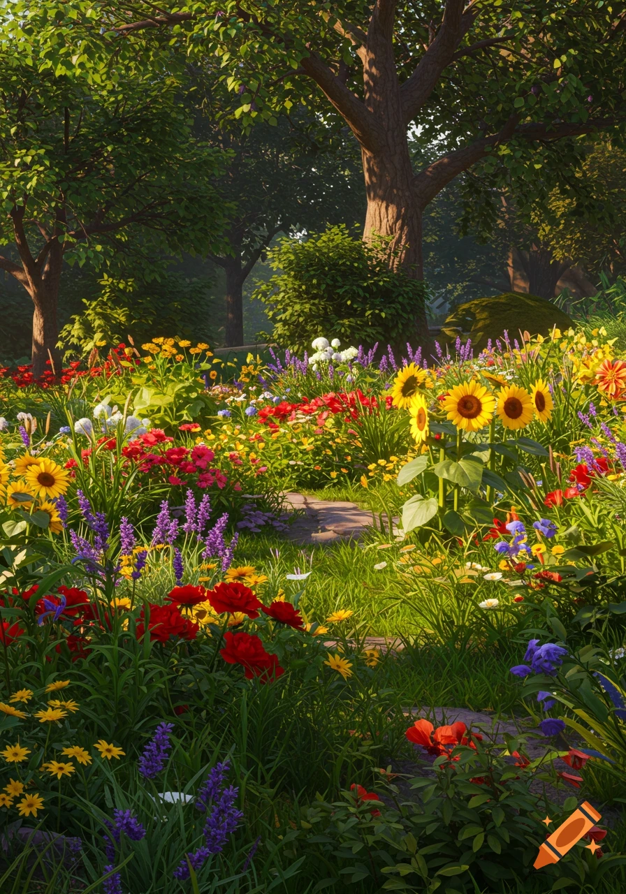 A vibrant, lush garden filled with colorful flowers, green foliage, towering trees, and a winding stone path under bright sunlight.