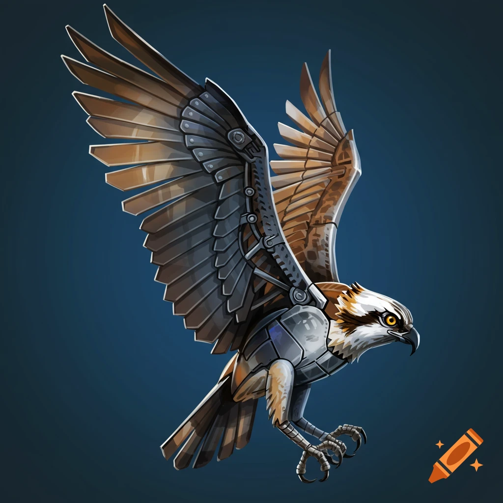 A stylized illustration of a steampunk osprey with metallic wings outstretched against a dark blue background.