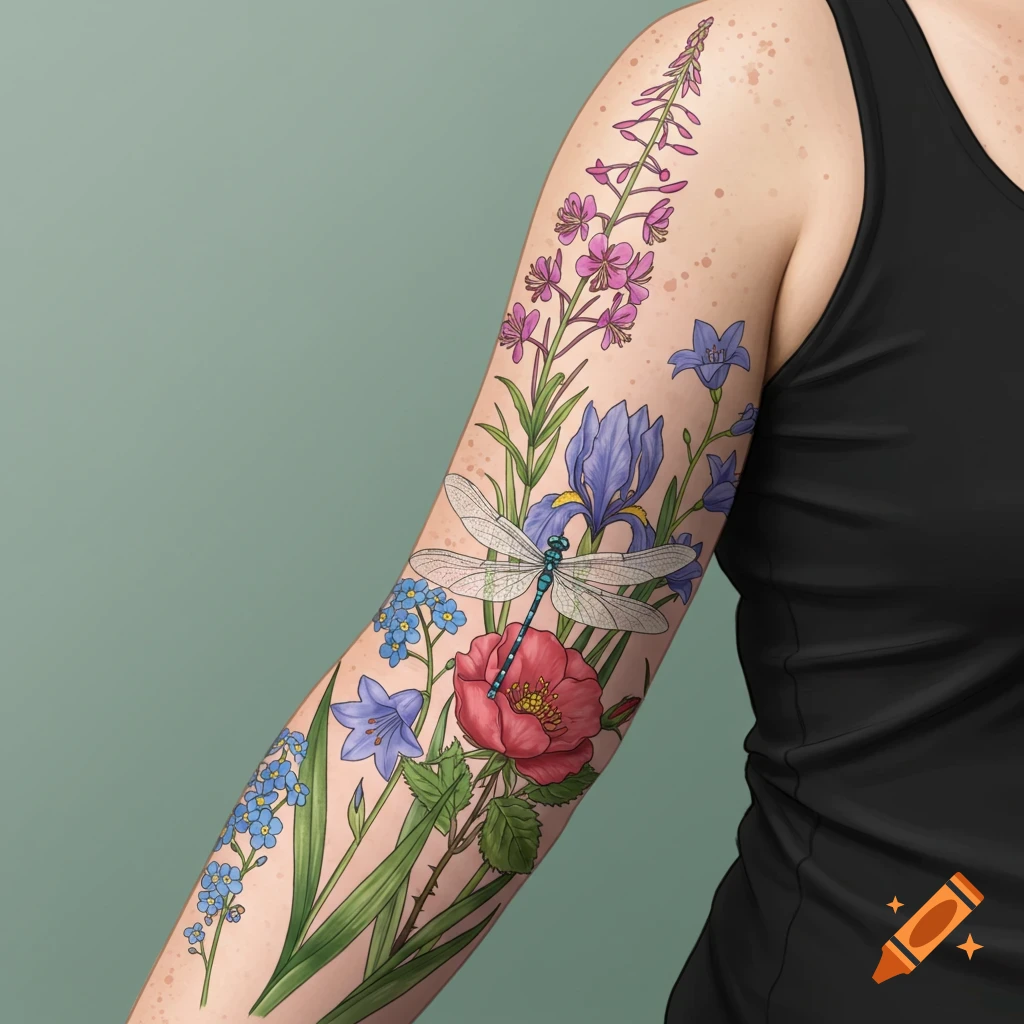 Vibrant arm sleeve tattoo featuring Alaskan wildflowers like fireweed, irises, roses, and a dragonfly.