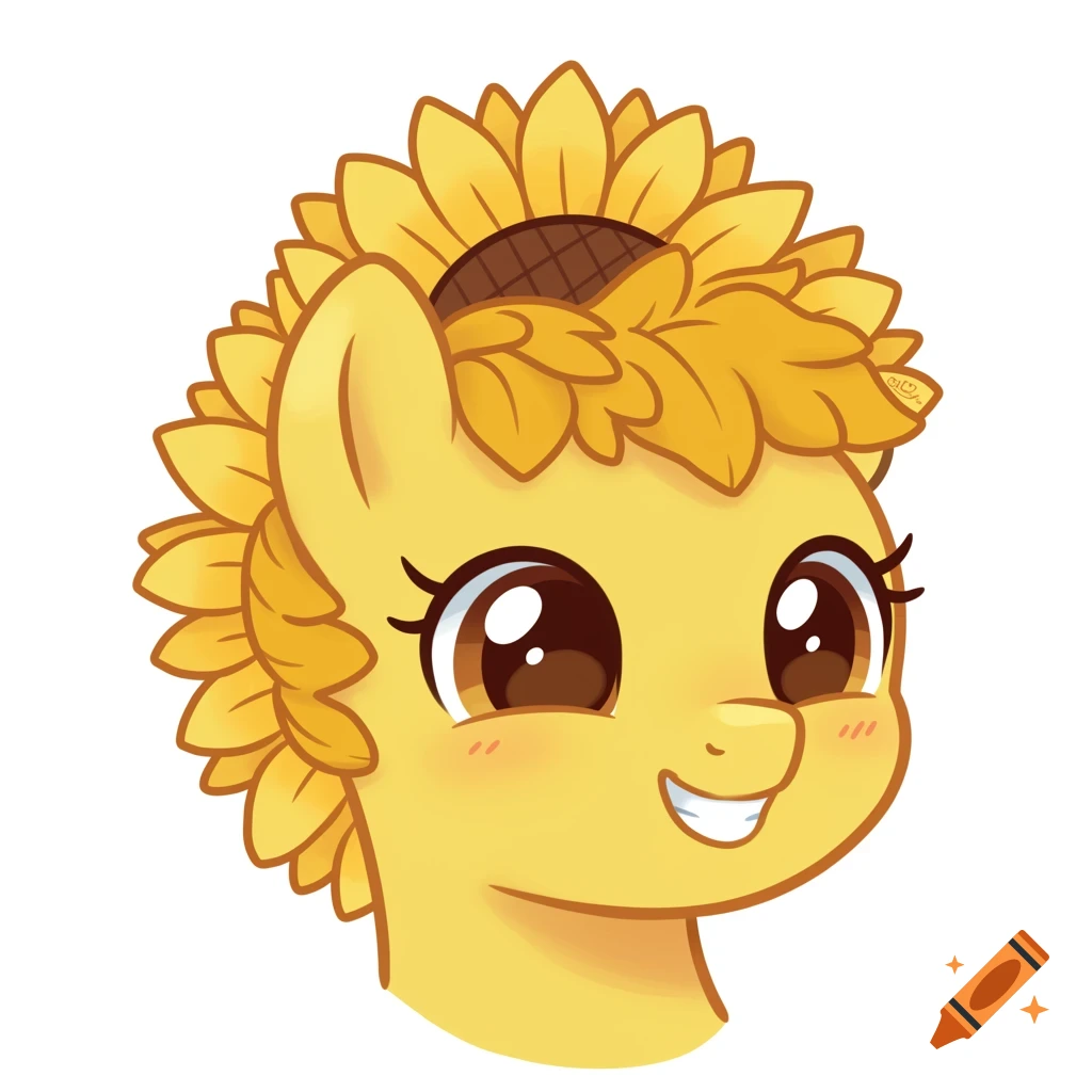 A cute yellow cartoon pony head in My Little Pony style with a sunflower mane and petals around its face, smiling.
