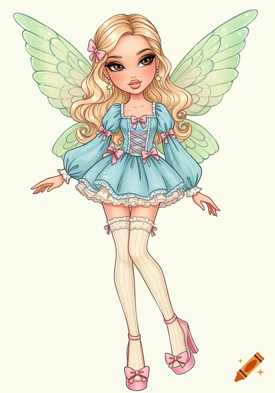 Cartoon fairy doll with blonde hair, green wings, a blue dress with pink bows, and pink heels.