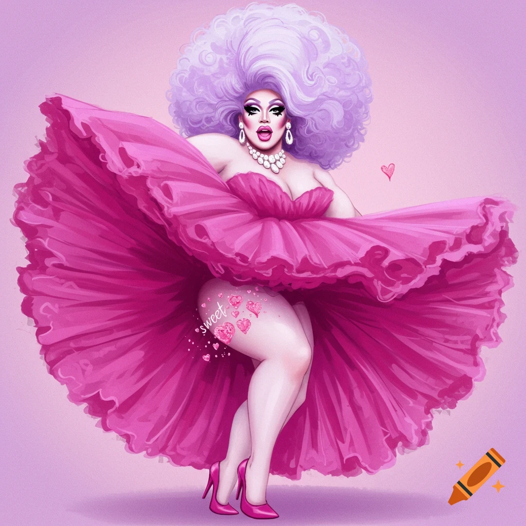 An illustration of a drag queen with large lavender hair and a dramatic pink gown, lifting to reveal a leg with hearts and 'sweet' text.