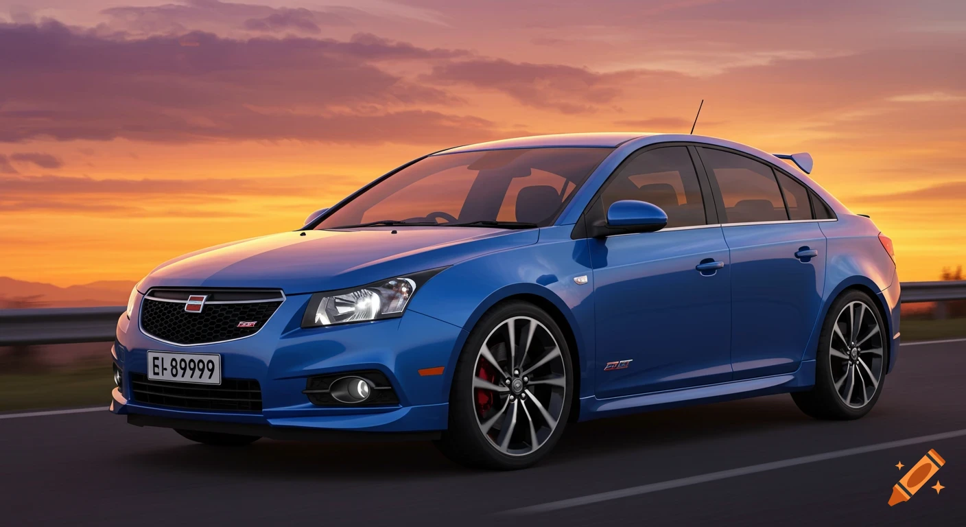 Blue Holden Cruze z-sri car driving on a highway at sunset.