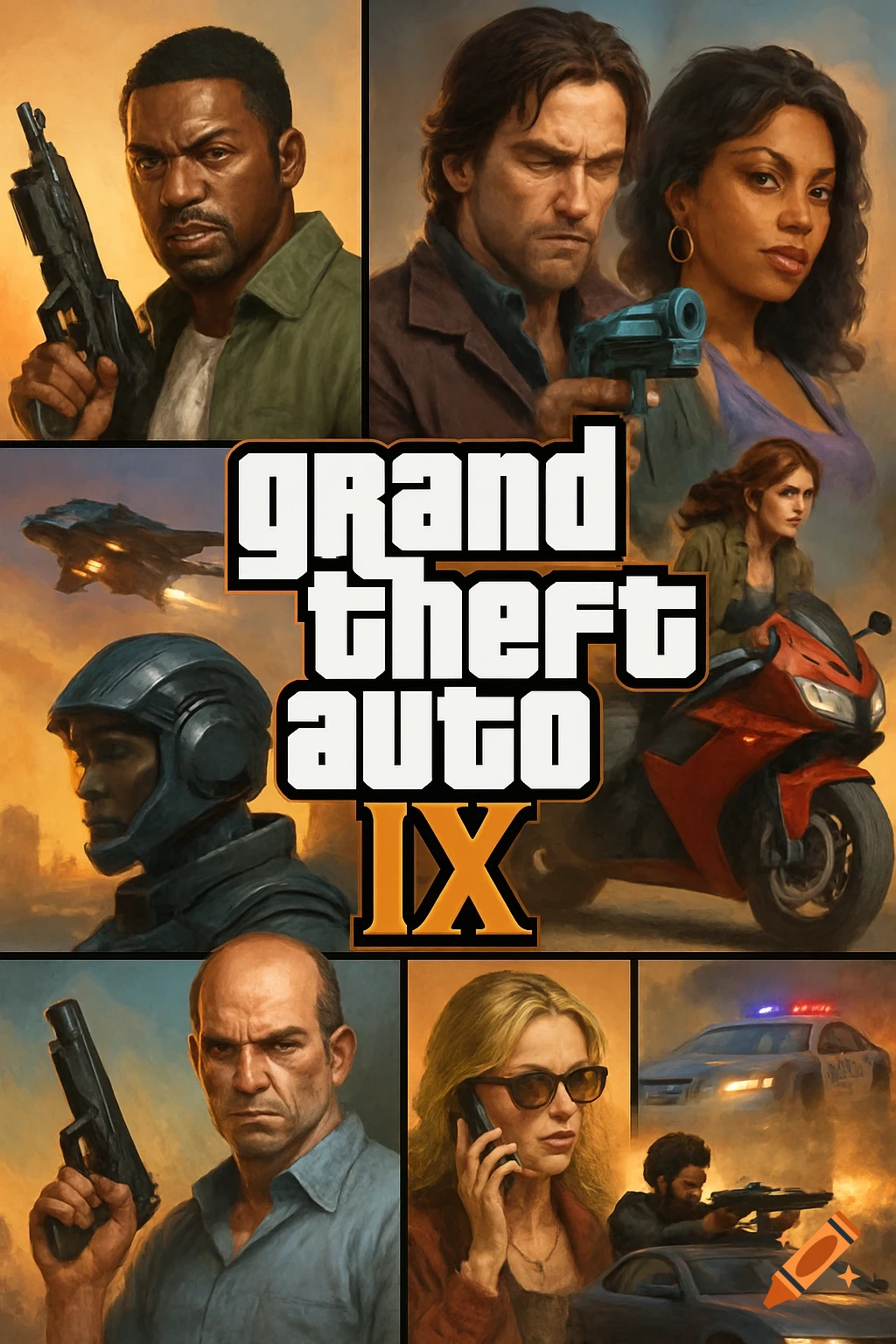 A digital art collage styled like a Grand Theft Auto game cover, featuring diverse characters, vehicles, and the 'Grand Theft Auto IX' logo.