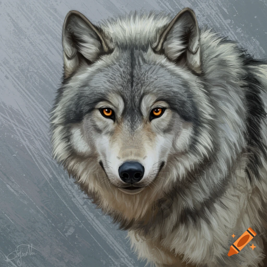 Close-up headshot of a grey wolf with piercing orange eyes, looking directly forward against a textured gray background.