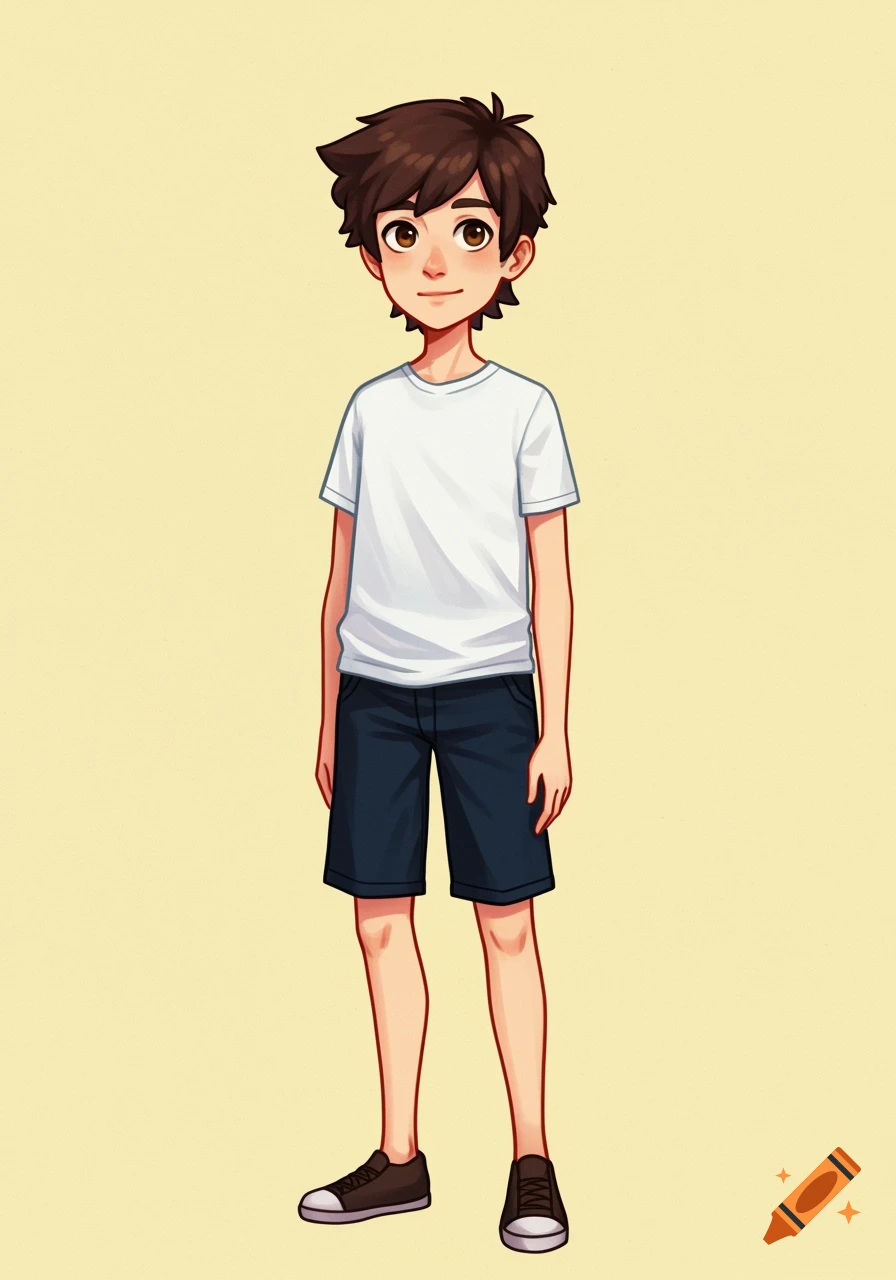 Full body anime style drawing of a brown-haired teenage boy wearing a white t-shirt, dark shorts, and sneakers against a plain yellow background.