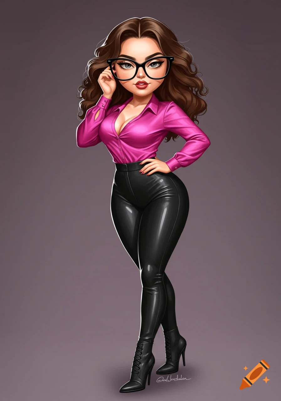 A stylized full-body image of a confident woman with brown hair and glasses, wearing a pink blouse, black leather pants, and black boots.