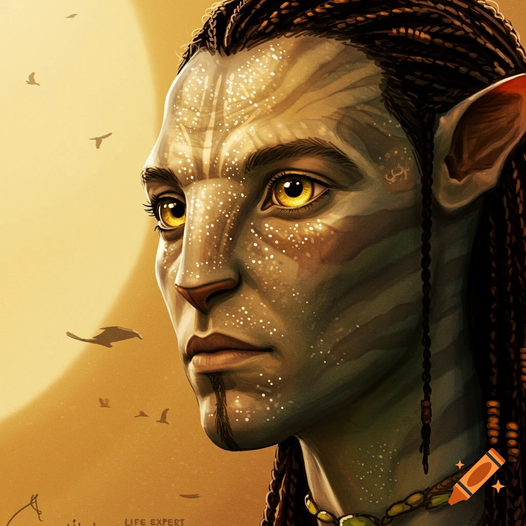 Digital painting of an Avatar Na'vi character with blue-green skin, yellow eyes, and braids, bathed in warm golden light.