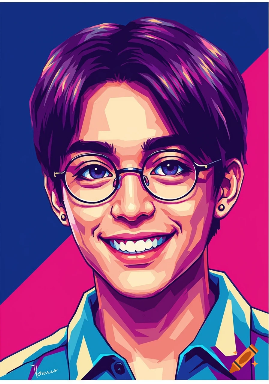 A smiling person wearing glasses in a vibrant pop art style portrait.