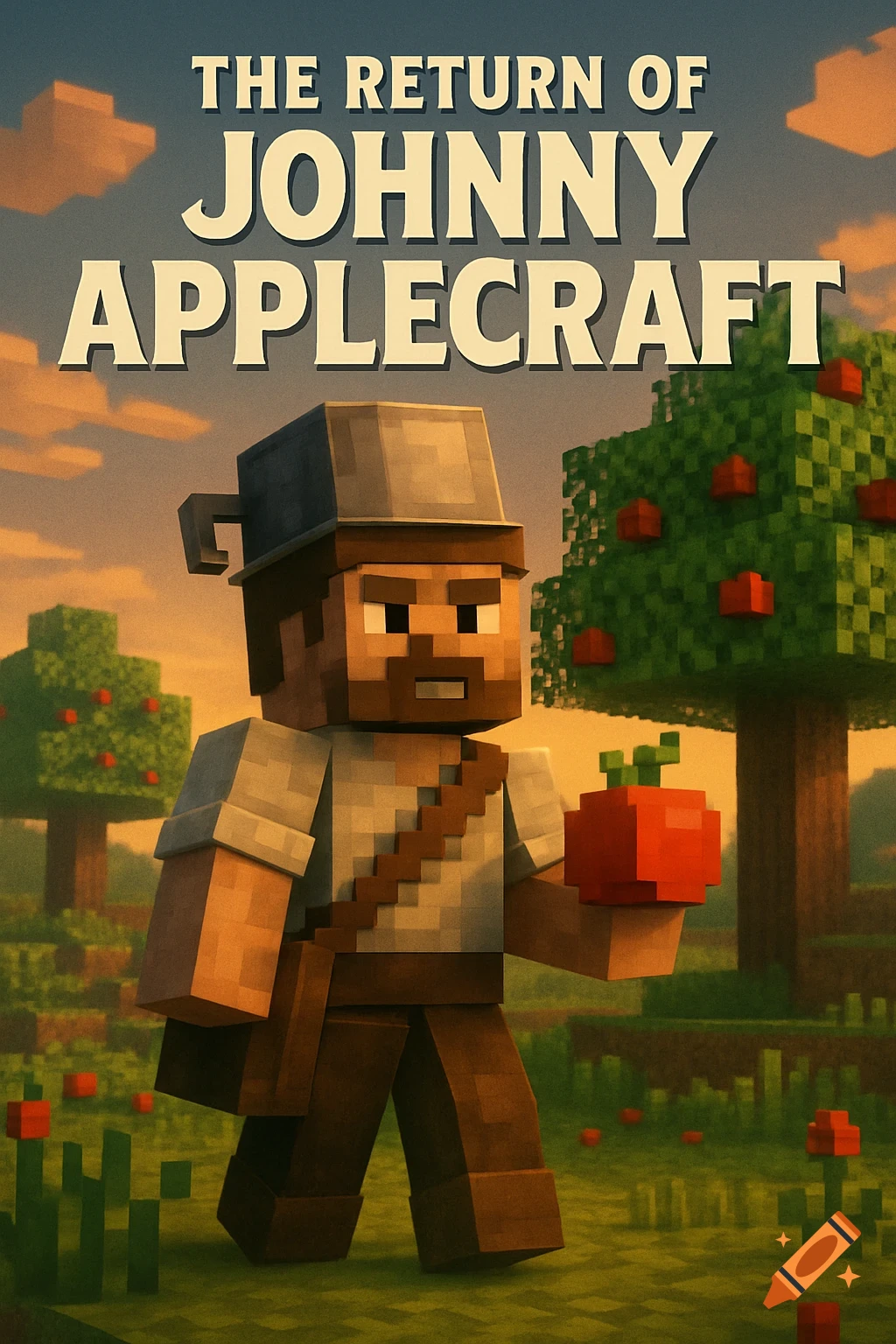 A blocky character resembling Johnny Appleseed in a Minecraft-style world holds an apple, above the title "THE RETURN OF JOHNNY APPLECRAFT".