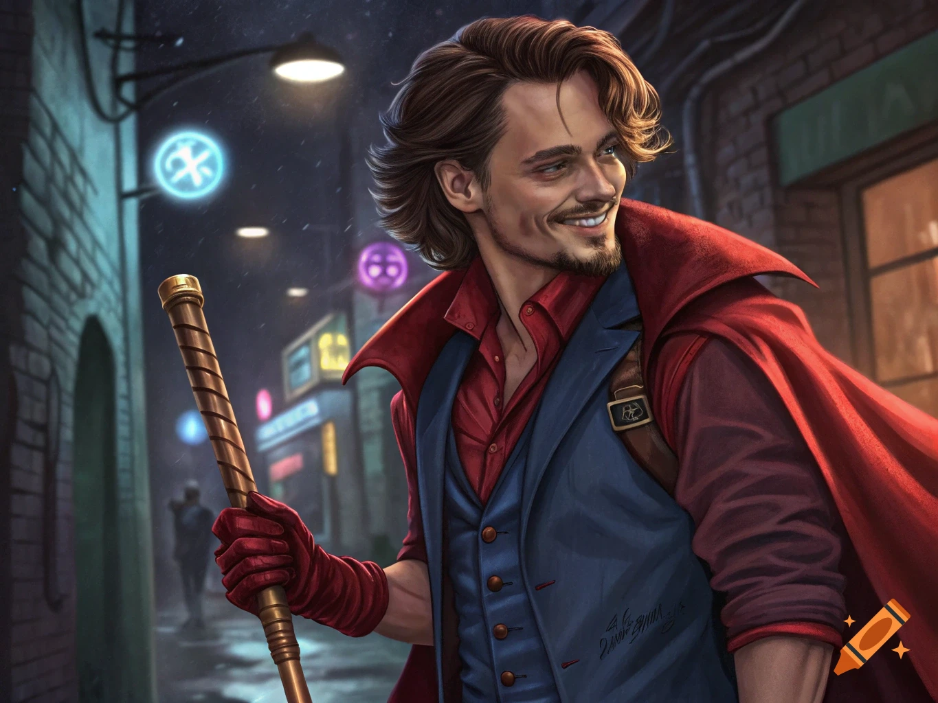 A smiling man in a red coat and blue vest, holding a golden cane in a dark alley, in a detailed illustrative style.