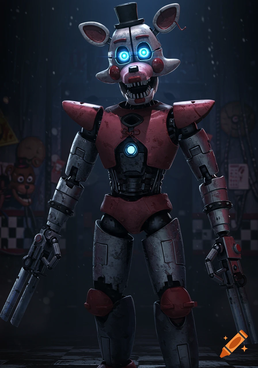 Detailed full-body render of M.X.E.S, a white and pink animatronic robot with a top hat, glowing blue eyes, and exposed mechanics, standing in a dark, stylized environment.