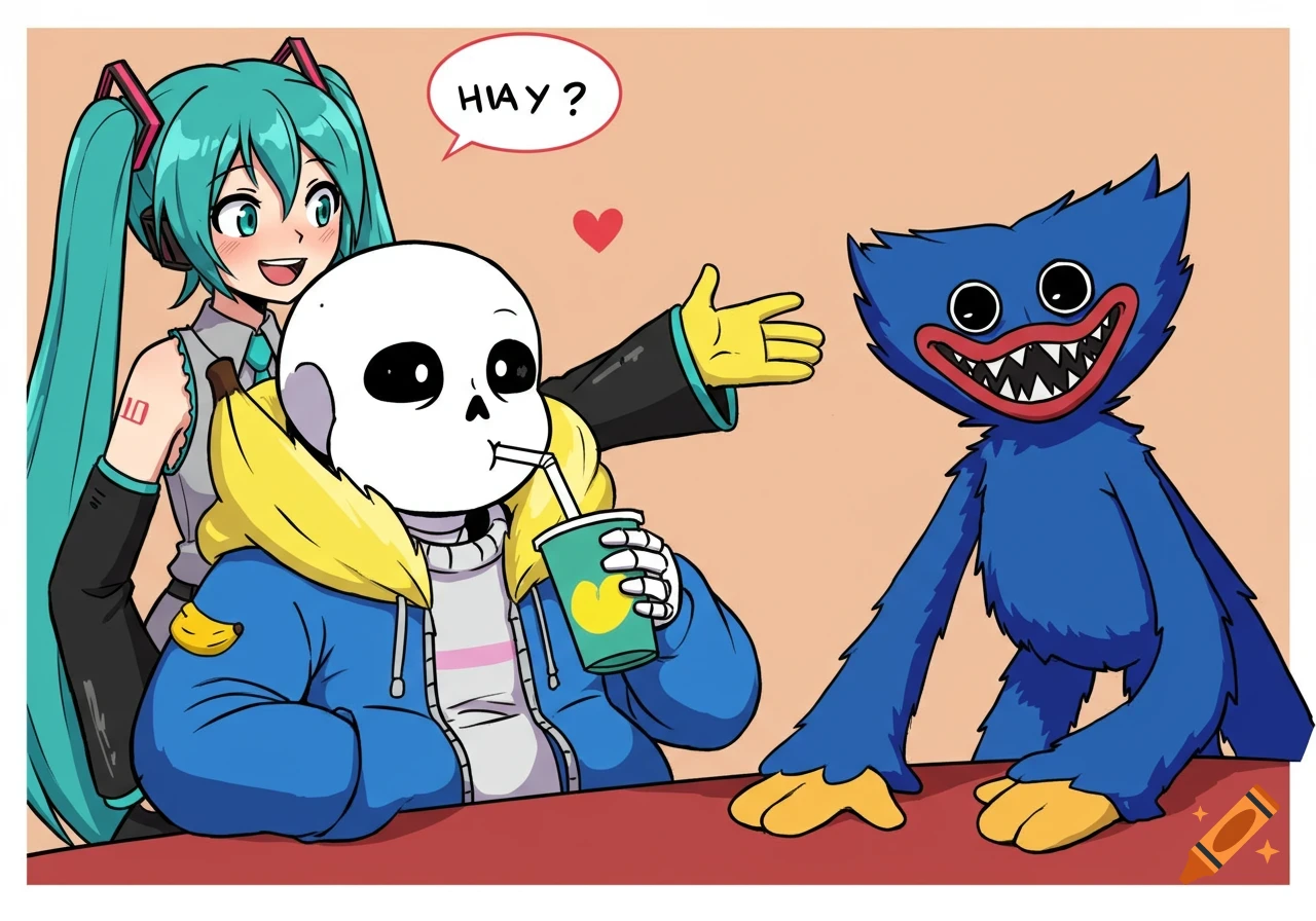 Cartoon of Sans from Undertale drinking, Hatsune Miku smiling behind him, and Huggy Wuggy from Poppy Playtime standing nearby.
