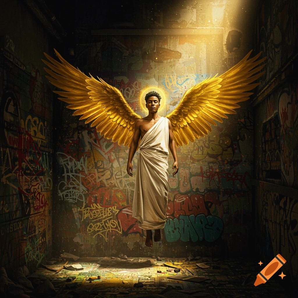 An angel with large golden wings and a halo floats in a dark, graffiti-covered urban room, illuminated by a bright light from above.
