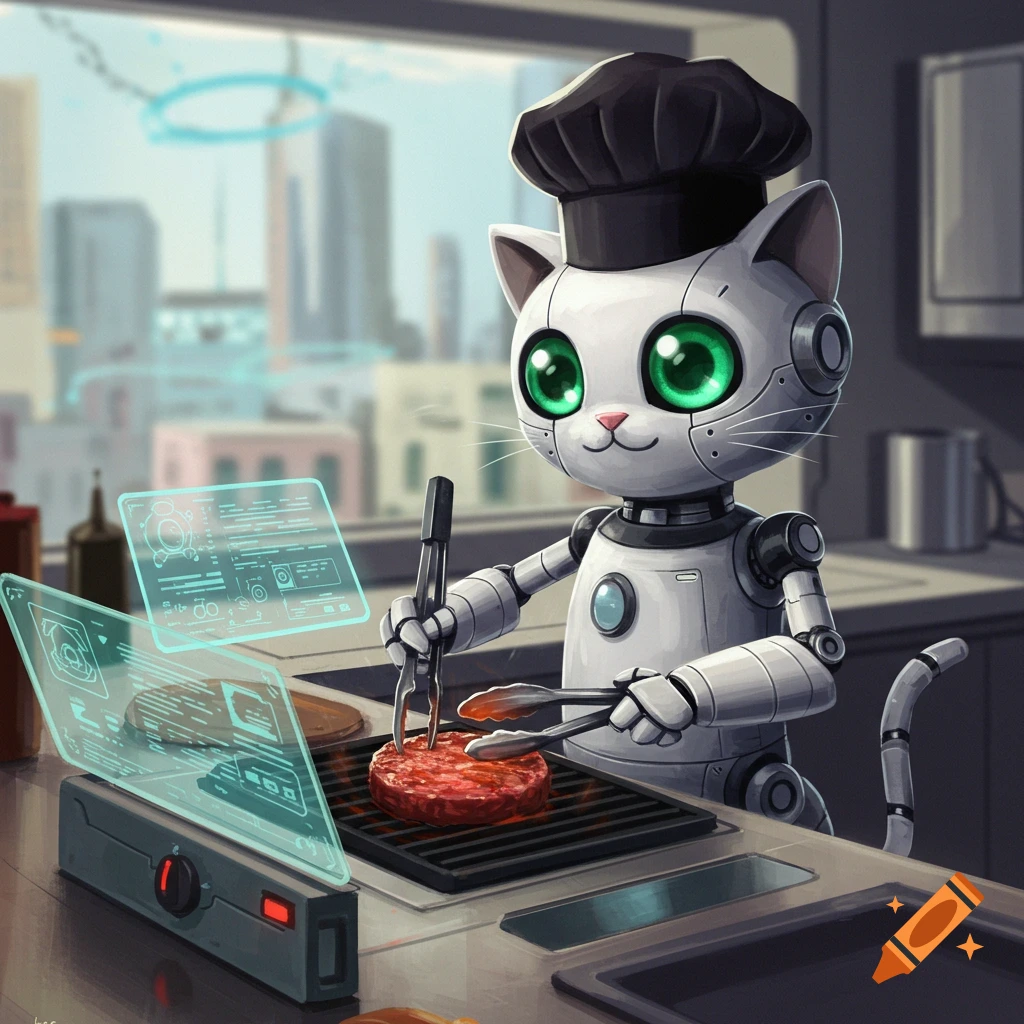 A robot cat chef grills a hamburger in a futuristic kitchen with holographic screens.