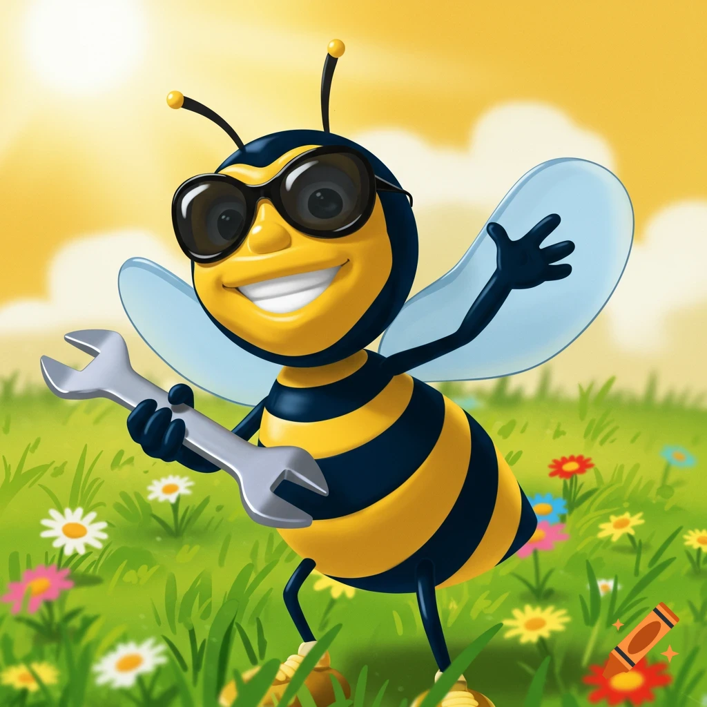 A cheerful cartoon bee wearing sunglasses holds a silver wrench while standing in a field of colorful flowers under a bright sky.