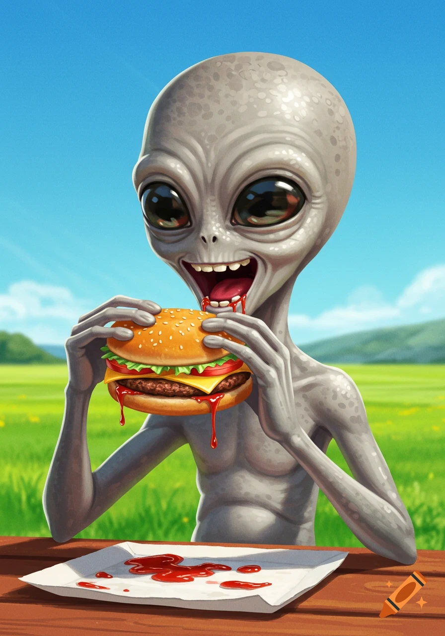 A cheerful cartoon grey alien eats a messy cheeseburger outdoors, with red sauce dripping onto a tray.