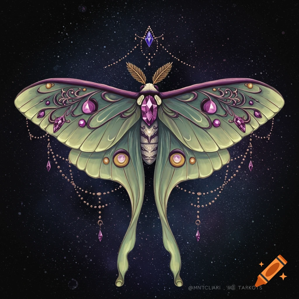 Stylized luna moth with green wings adorned with purple gems and gold filigree, set against a dark, starry cosmic background.